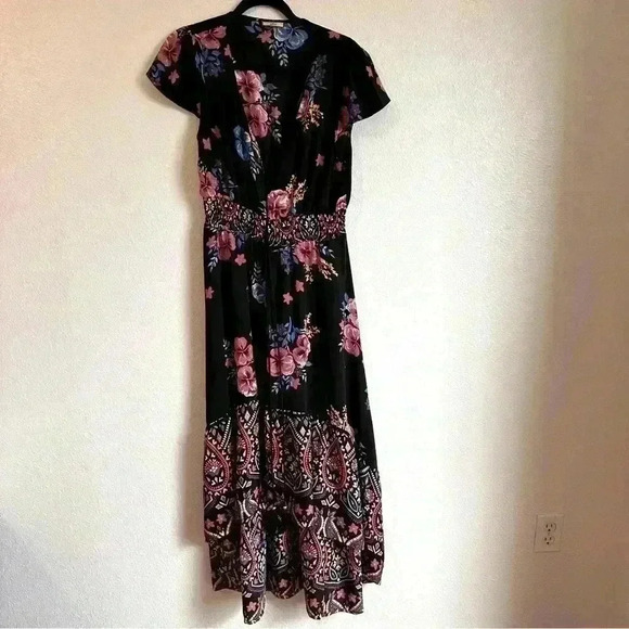 Joe Browns black floral maxi retro button through Boho short sleeve size 10 - Picture 1 of 8